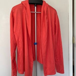 Coral colored hooded athletic cardigan